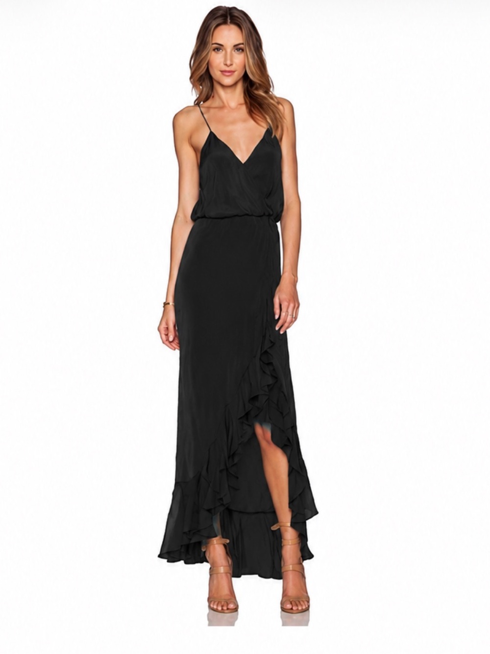 Parker Halle Silk Combo Black High-Low Ruffle Maxi Dress